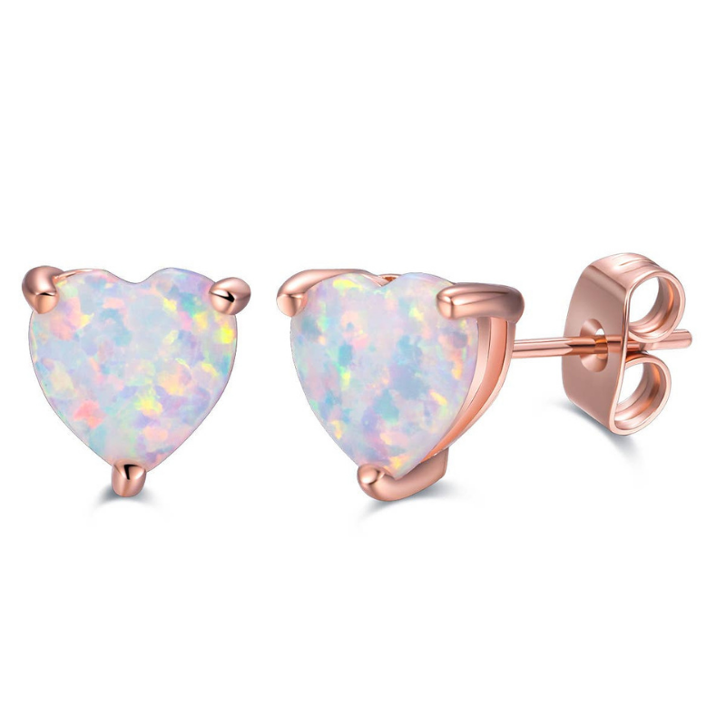 18K Rose Gold Plated Heart Opal Earrings.